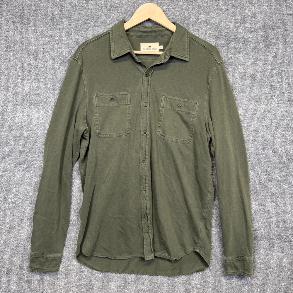 The Normal Brand Mens Size Large Shacket Overshirt Army Green Cotton Long Sleeve